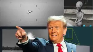 דונלד טראמפ על רקע התיעודים וסרטוני העב"מים שפרסמה ממשלת ארה"ב