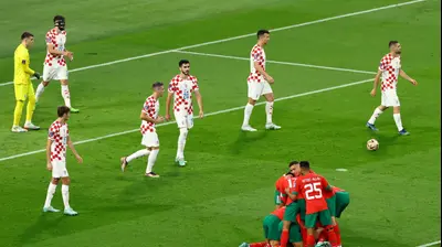 שחקני נבחרת מרוקו חוגגים מול קרואטיה. רויטרס