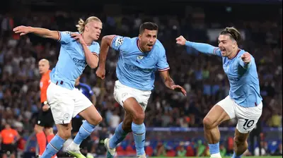 ג'ק גריליש, רודרי, ארלינג הולאנד, שחקני מנצ'סטר סיטי, גמר ליגת האלופות 2023. Catherine Ivill,GettyImages