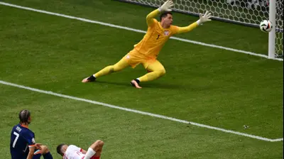 שחקן נבחרת הולנד צ'אבי סימונס בועט מול שוער נבחרת פולין וויצ'ך שצ'סני. CHRISTOPHE SIMON/AFP,GettyImages