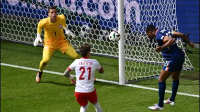 שחקן נבחרת הולנד דנזל דמפריס נוגח מול שוער נבחרת פולין וויצ'ך שצ'סני. CHRISTOPHE SIMON/AFP,GettyImages