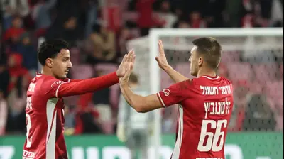 איגור זלאטנוביץ', חלוץ הפועל באר שבע חוגג עם גיא מזרחי. דני מרון