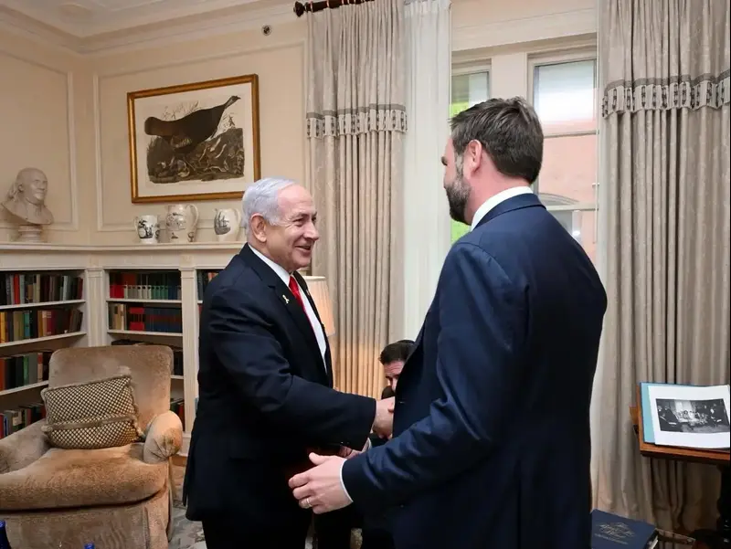 ראש הממשלה בנימין נתניהו נפגש כעת עם סגן נשיא ארצות-הברית ג׳יי. די. ואנס בבלייר-האוס, 8באפריל 2025